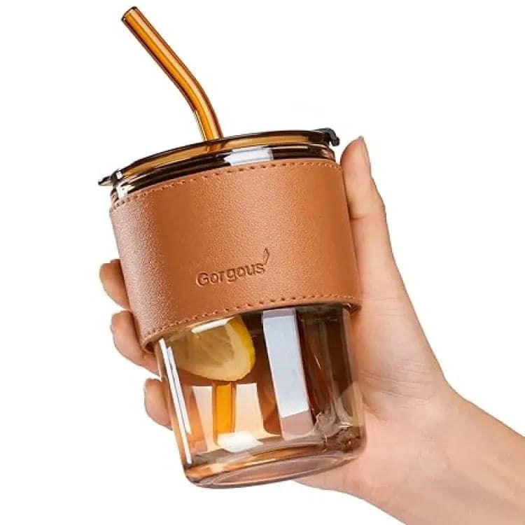 Coffee + Tea Mug Cup With Drinking Straw Lid and PU Leather Sleeve
