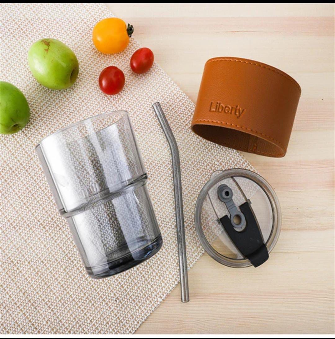 Coffee + Tea Mug Cup With Drinking Straw Lid and PU Leather Sleeve