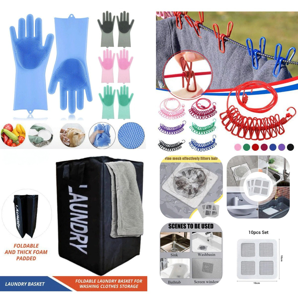 Gloves  + Clips Rope + Laundry Basket + Sink Net