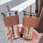 Large Size Bamboo Joint Glass Material Cup with Glass Straw and Leather Grip