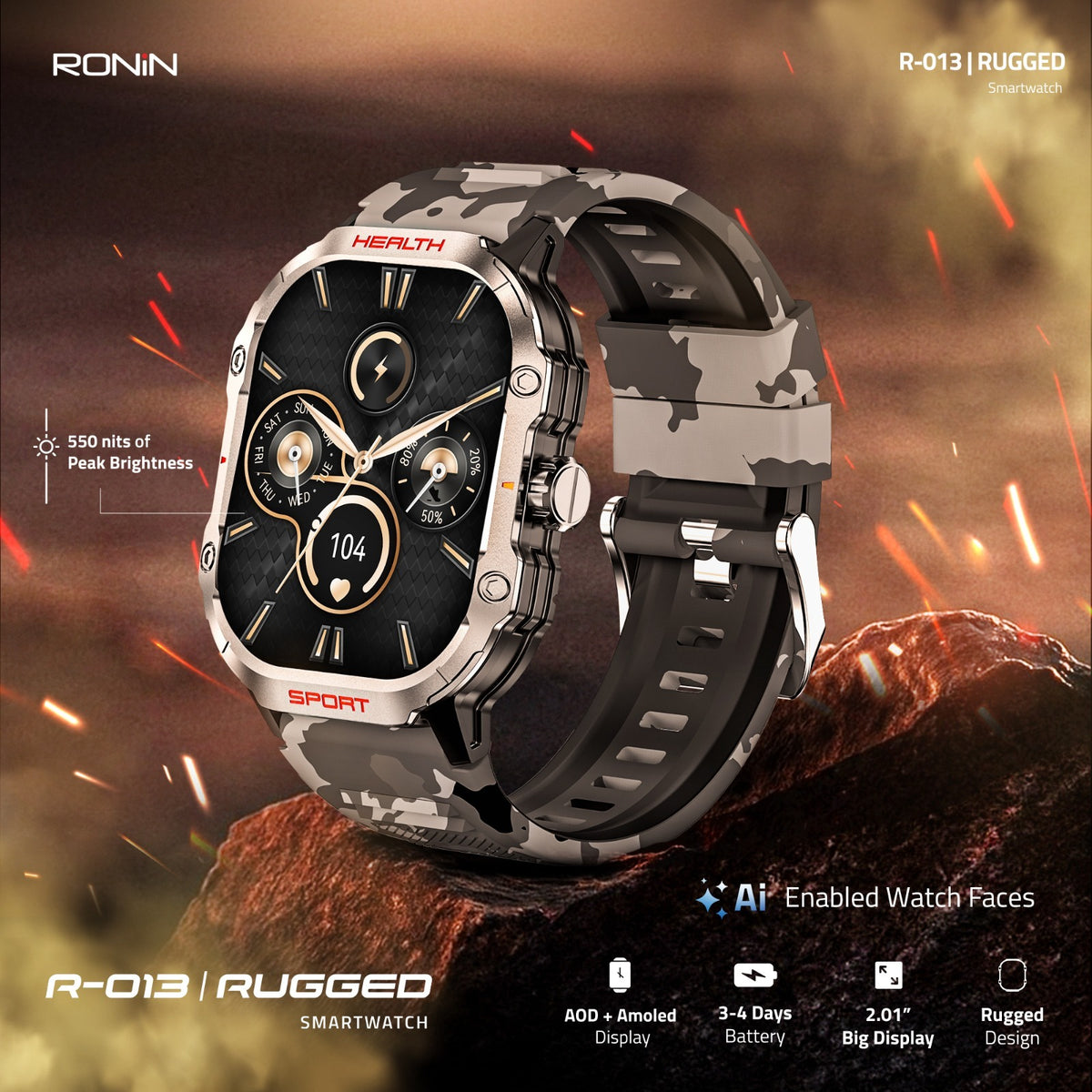 Ronin R-013 Rugged Smartwatch - Black