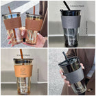 Glass Cup with Glass Straw and Leather Grip