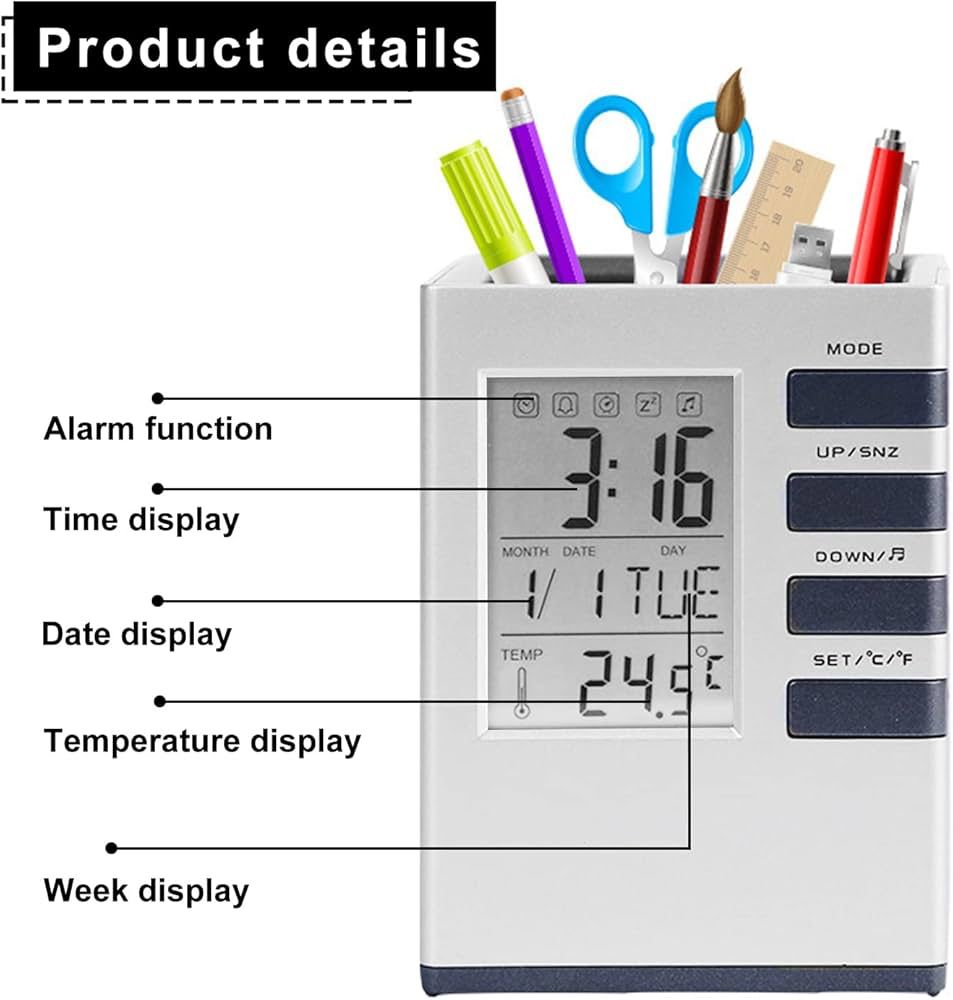 Digital LCD Screen Alarm Clock, Calendar with Pen Holder for Office & home