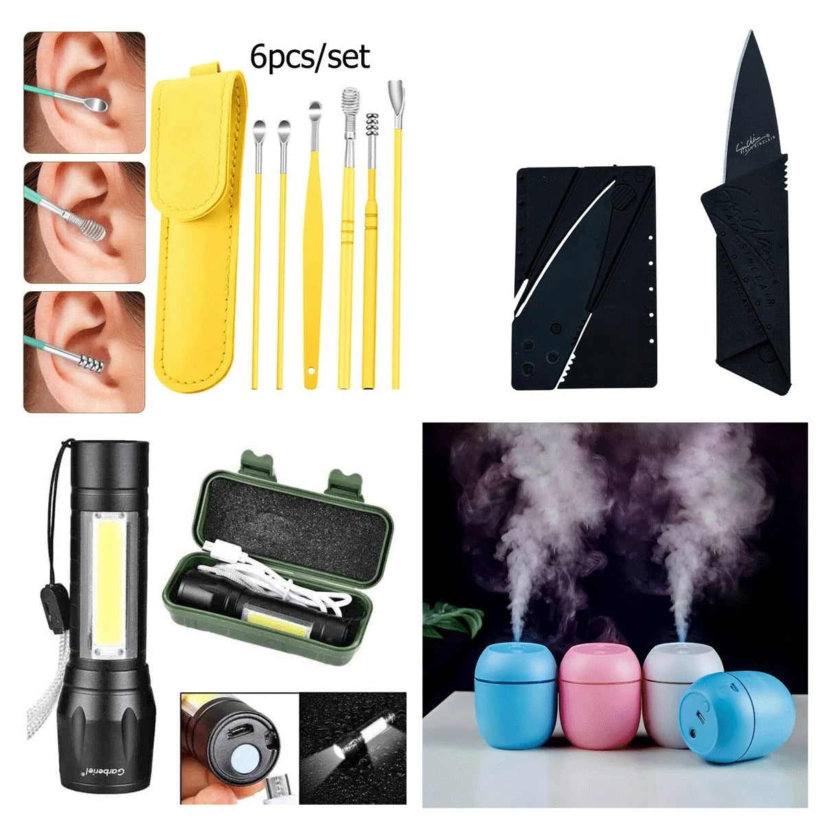 4 in 1 - Ear Wax + Card knife + Rechargeable Flash light + Mini Humidifier