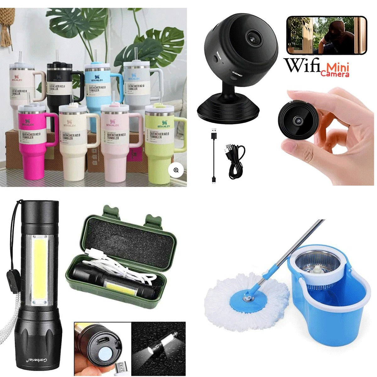 4 in 1 Deal - Stanley Tumbler 1200ML + Mini Wifi camera + Stainless stell mop + rechargeable flashlight