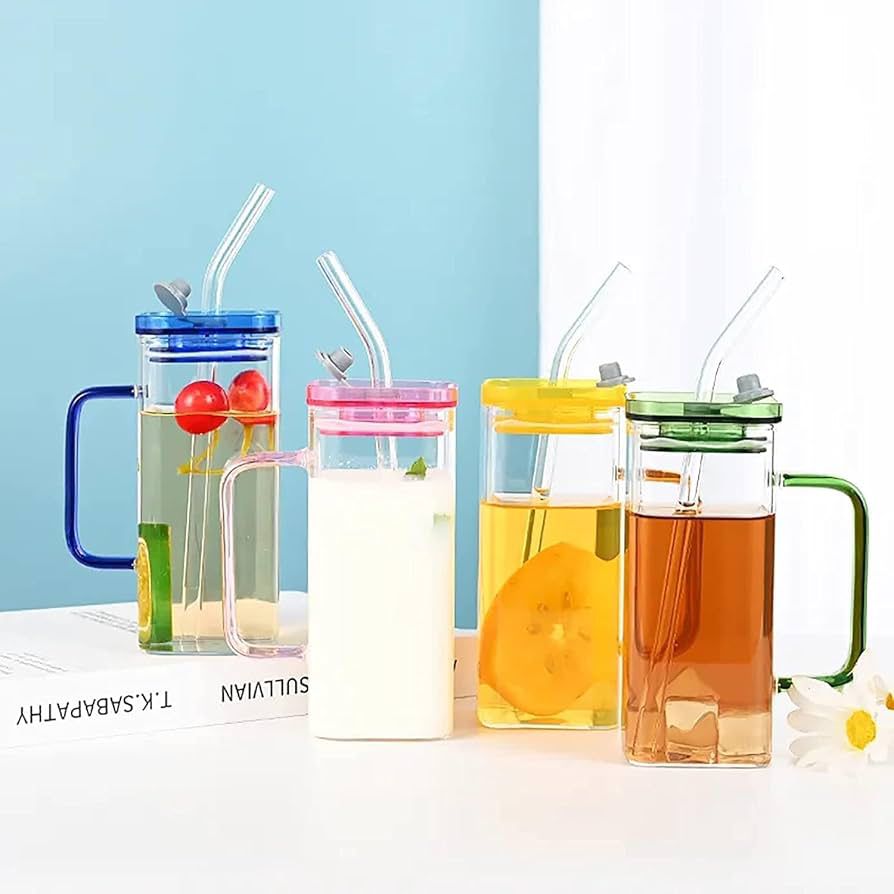 Square Glass Cup With Acrylic Lid and Straw