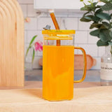 Square Glass Cup With Acrylic Lid and Straw