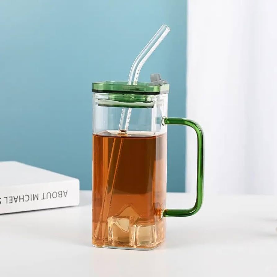 Square Glass Cup With Acrylic Lid and Straw