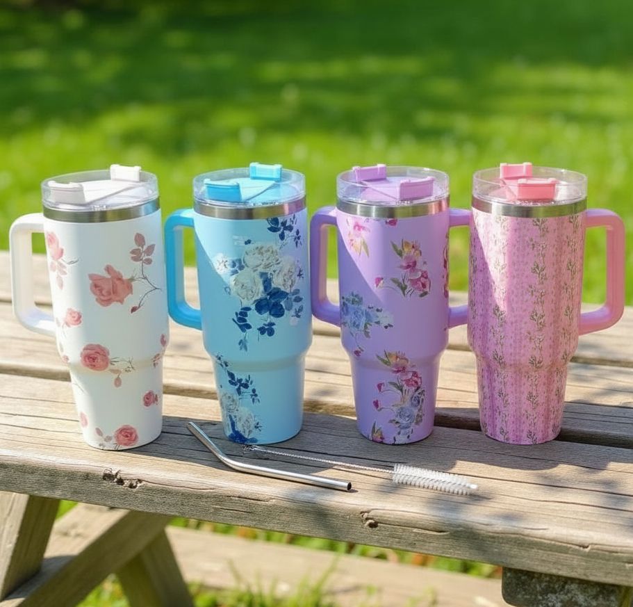 1200 ml 40oz Large Size Stainless Steel Floral Print Tumbler with Steel Straw and Cleaning Brush