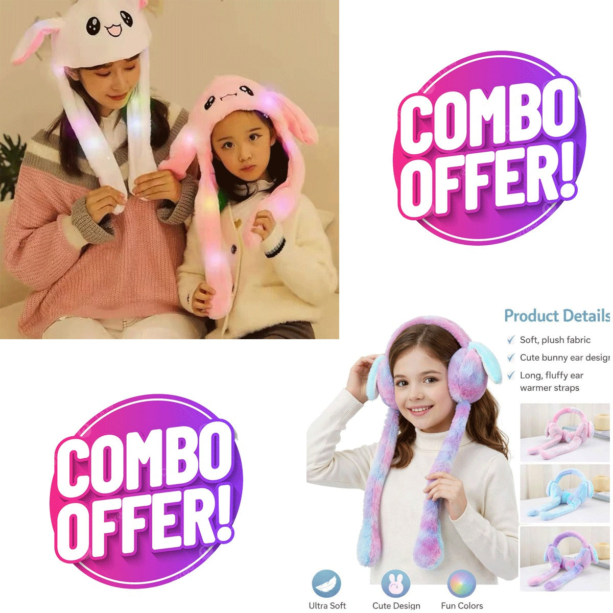 2 in 1 - Moving rabbit ears head band + Moving Bunny Ears hat with lights