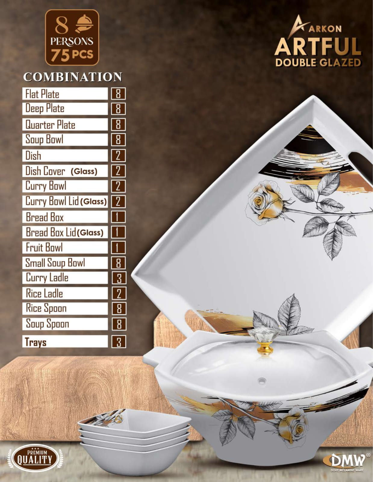 ArkON Artful Double Glazed 75 Pieces Dinner Set – 8 Persons Premium Melamine Dinnerware Set