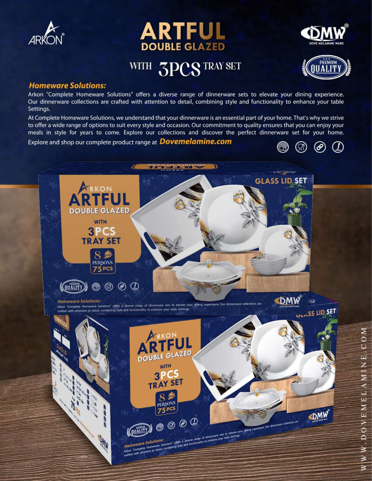 ArkON Artful Double Glazed 75 Pieces Dinner Set – 8 Persons Premium Melamine Dinnerware Set