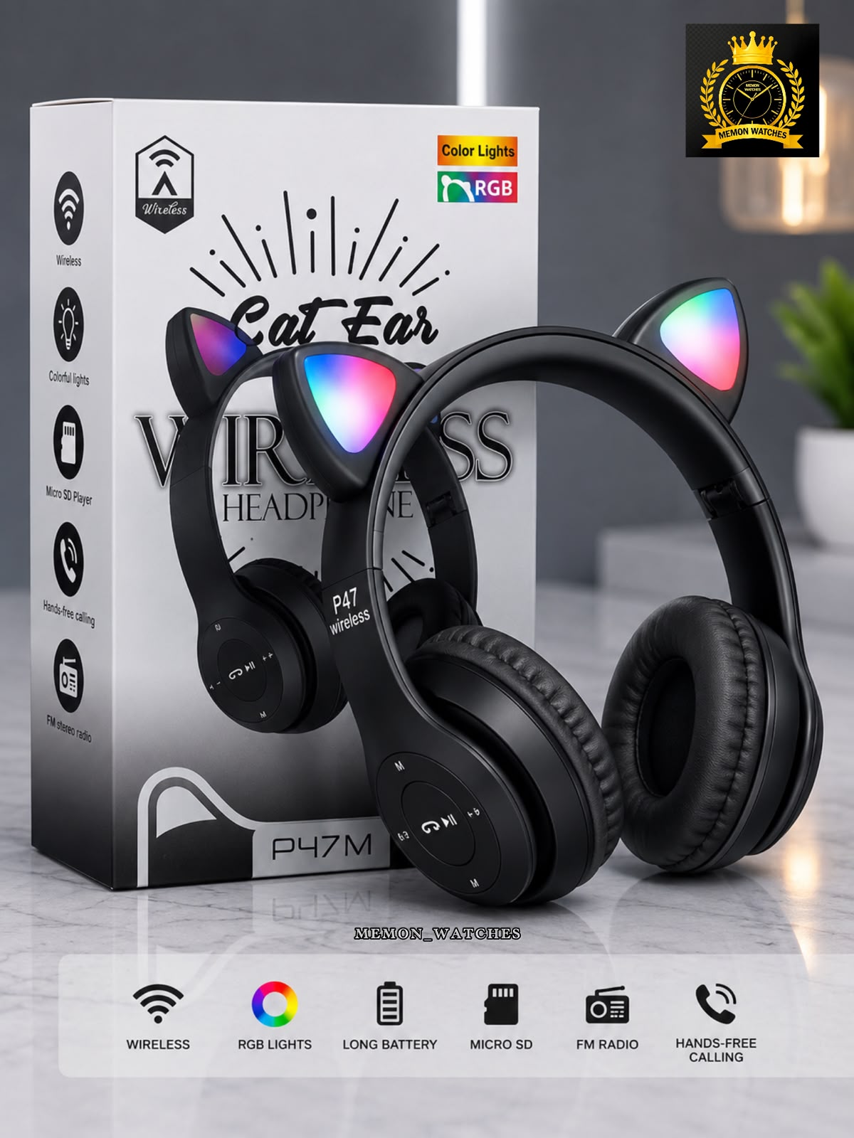 P47 Cat Ear Wireless RGB Headphones – Premium Sound | Bluetooth | RGB Lights