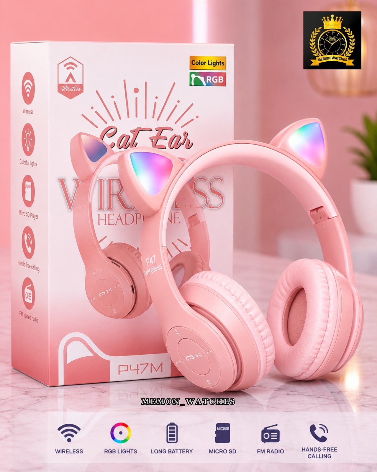 P47 Cat Ear Wireless RGB Headphones – Premium Sound | Bluetooth | RGB Lights