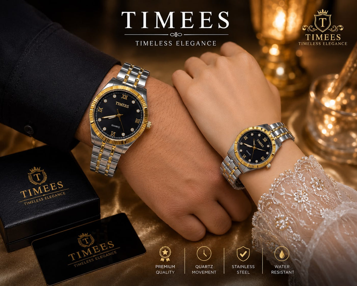 TIMEES Premium Couple Quartz Watch Set – Stainless Steel & Water Resistant