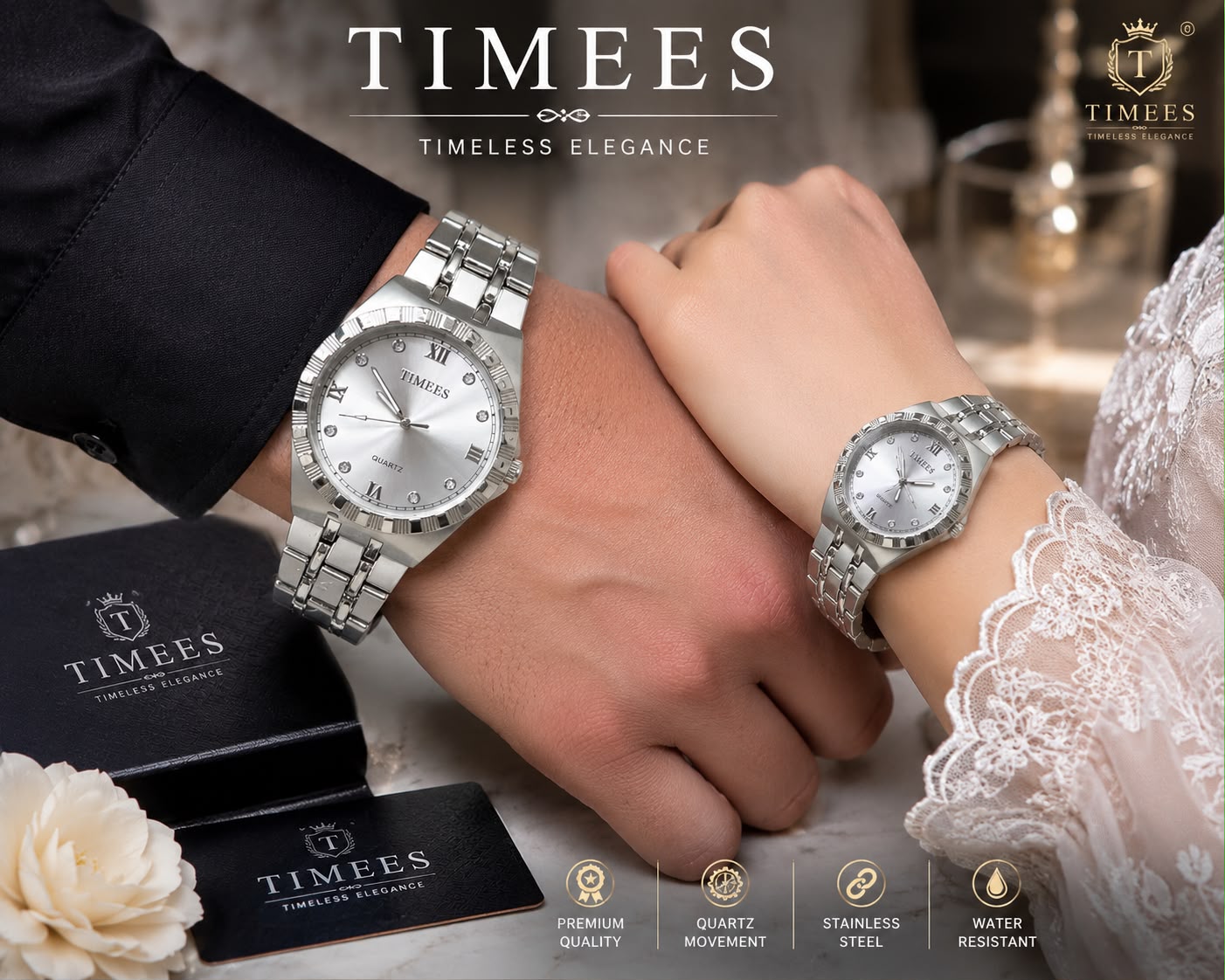 TIMEES Premium Couple Quartz Watch Set – Stainless Steel & Water Resistant