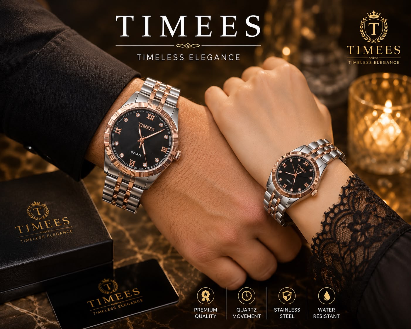 TIMEES Premium Couple Quartz Watch Set – Stainless Steel & Water Resistant