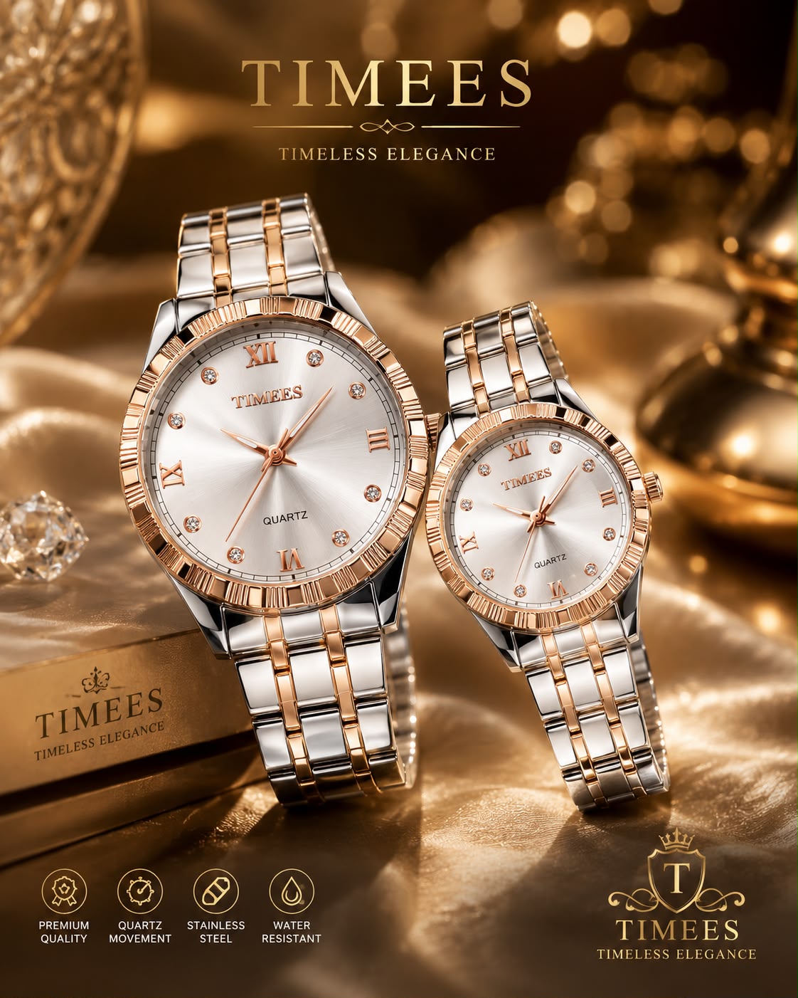 TIMEES Premium Couple Quartz Watch Set – Stainless Steel & Water Resistant
