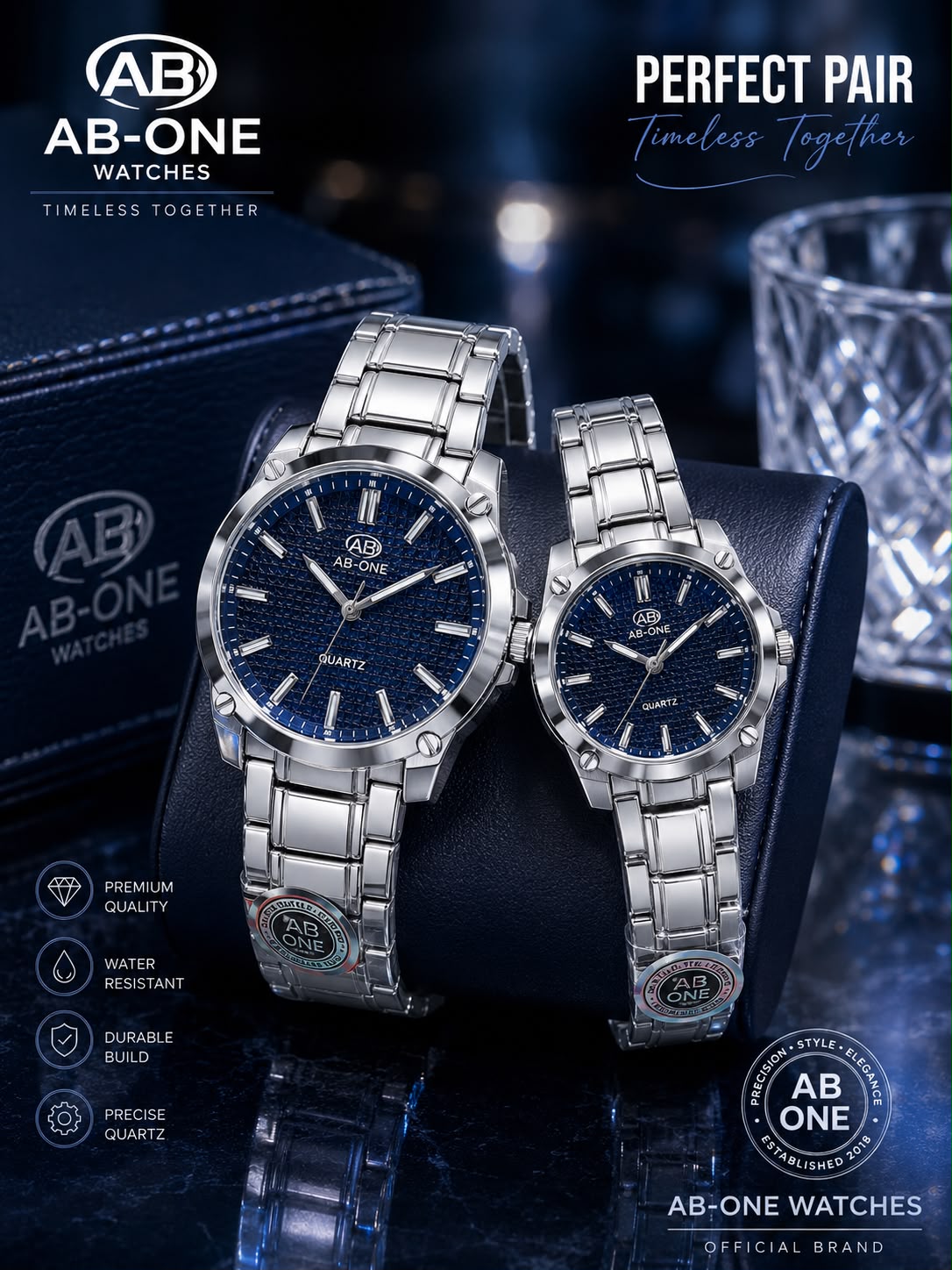 AB-ONE Premium Couple Quartz Watch Set – Stainless Steel & Water Resistant