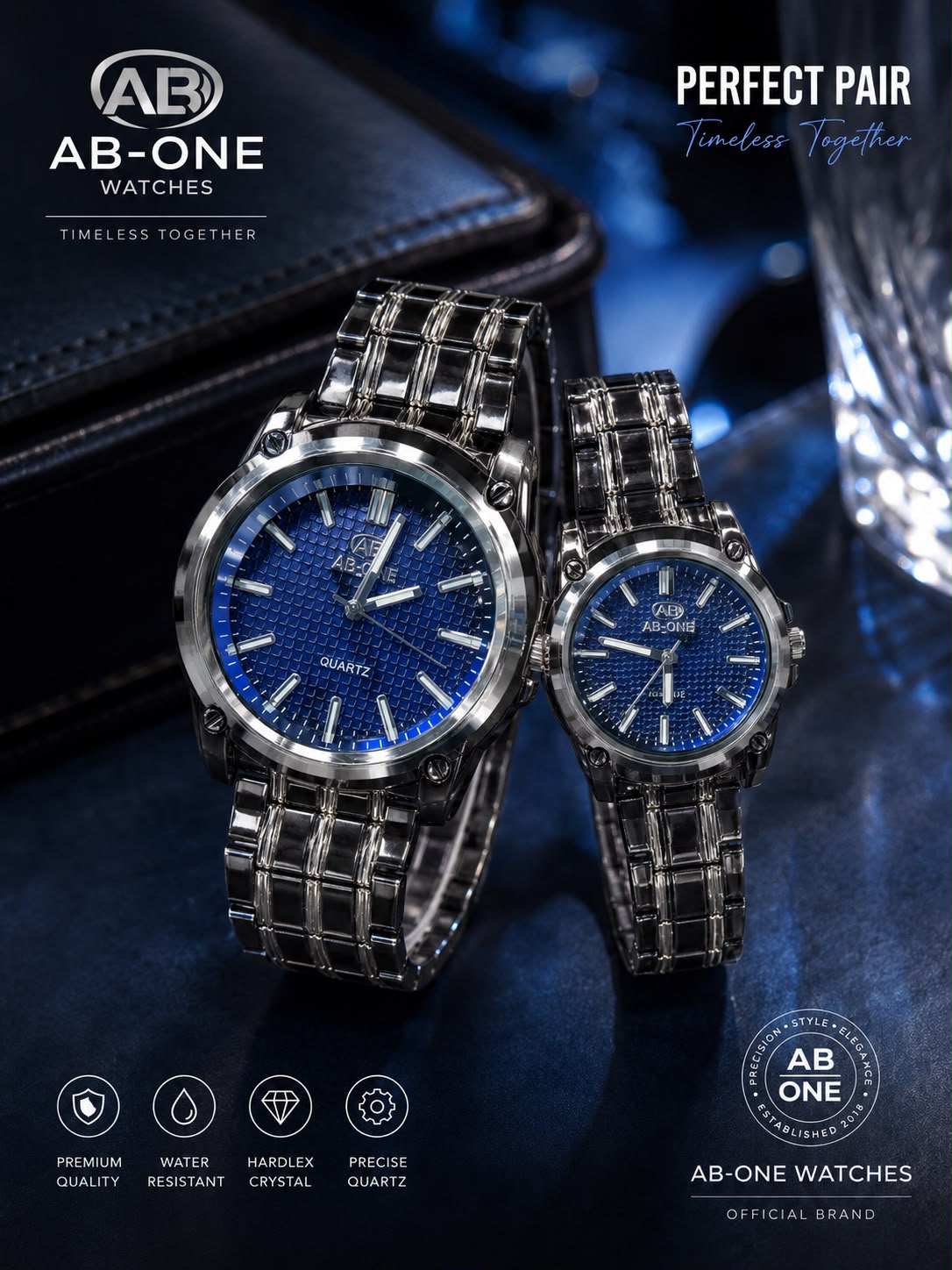 AB-ONE Premium Couple Quartz Watch Set – Stainless Steel & Water Resistant