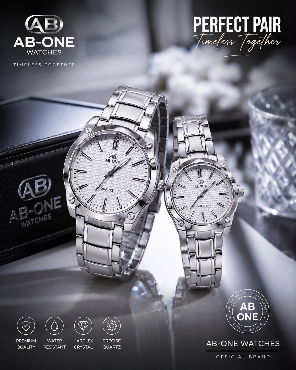 AB-ONE Premium Couple Quartz Watch Set – Stainless Steel & Water Resistant