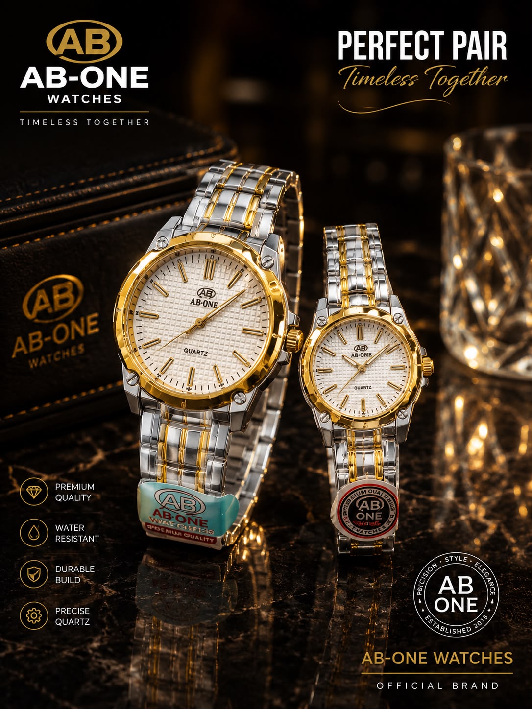 AB-ONE Premium Couple Quartz Watch Set – Stainless Steel & Water Resistant