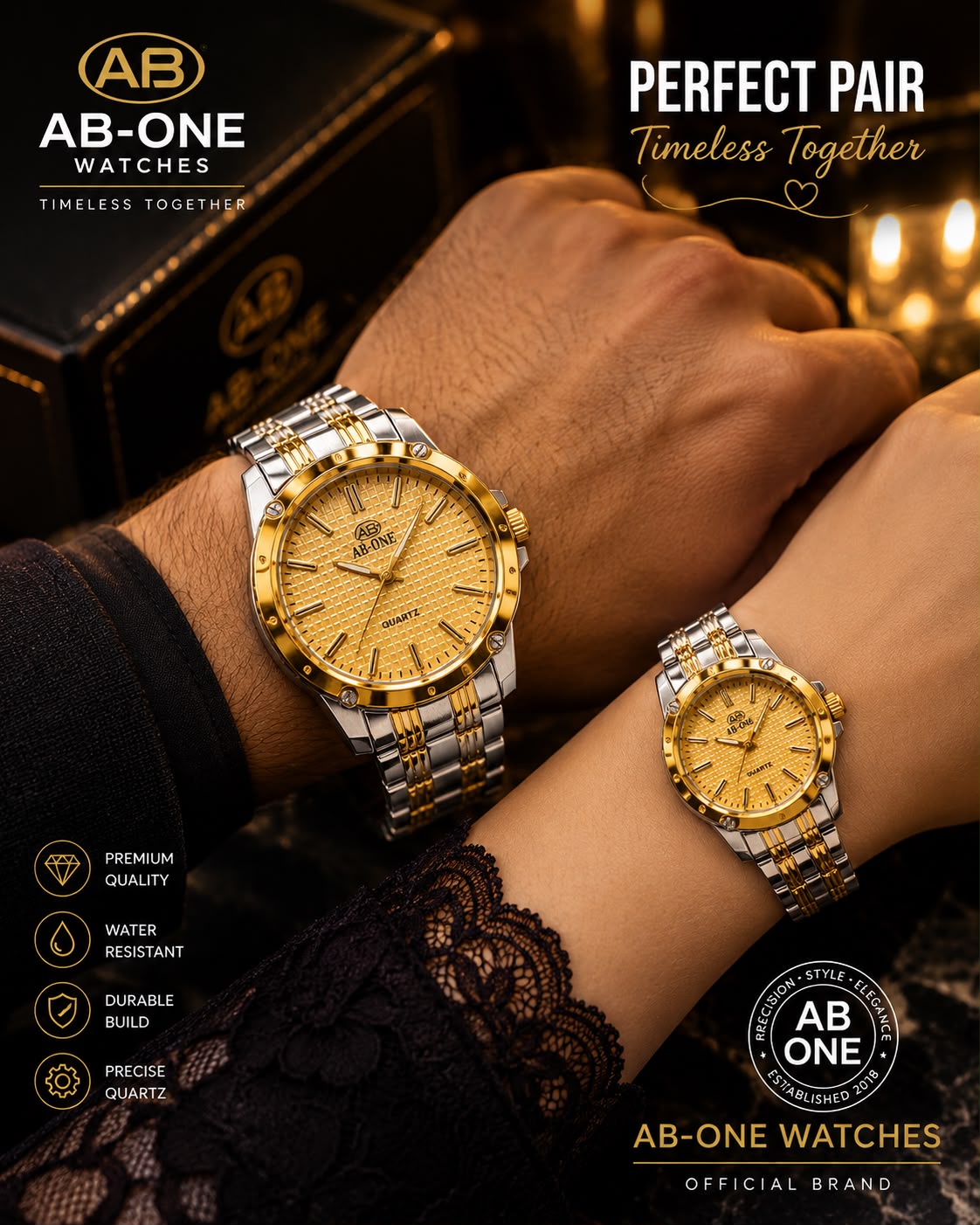 AB-ONE Premium Couple Quartz Watch Set – Stainless Steel & Water Resistant