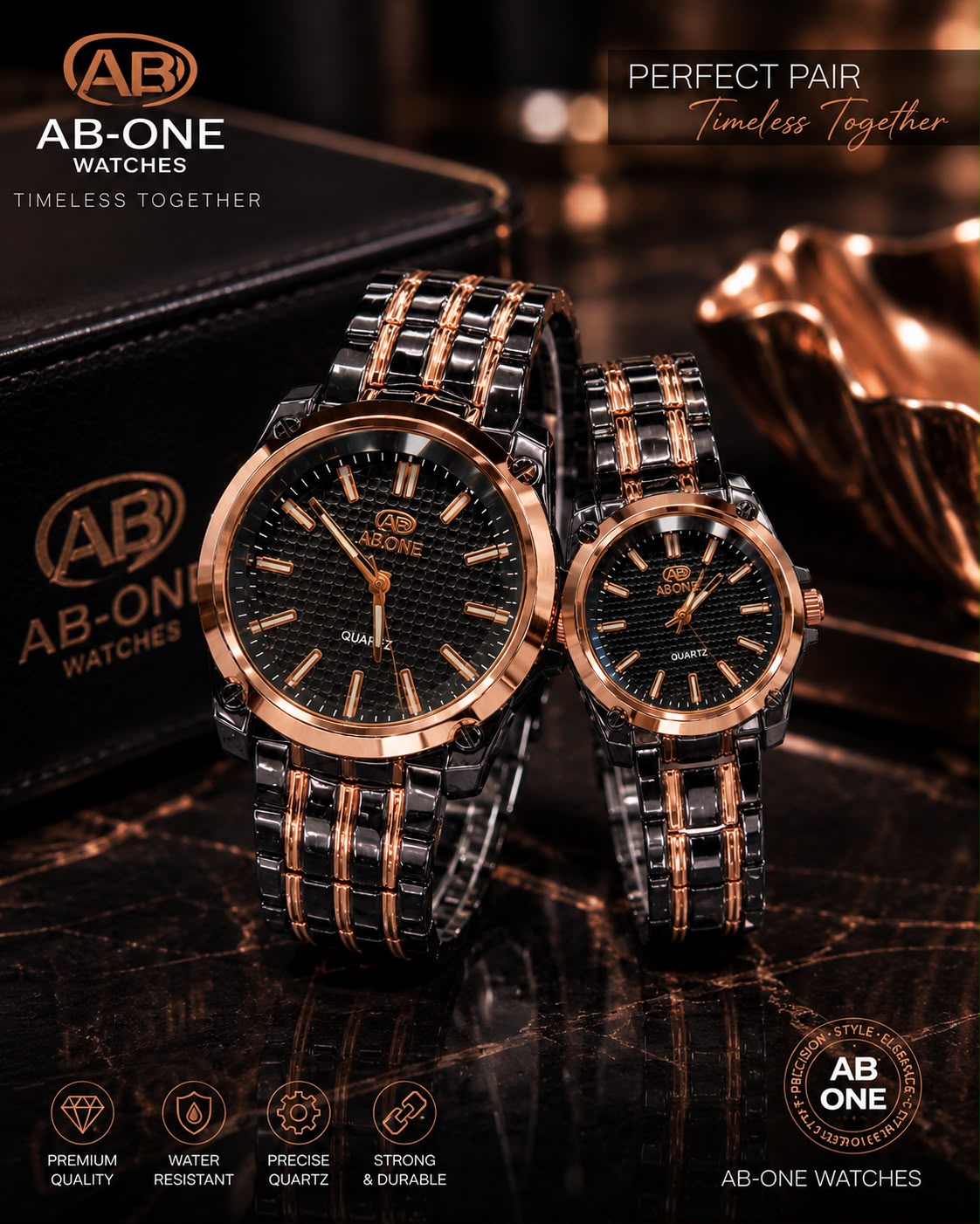 AB-ONE Premium Couple Quartz Watch Set – Stainless Steel & Water Resistant