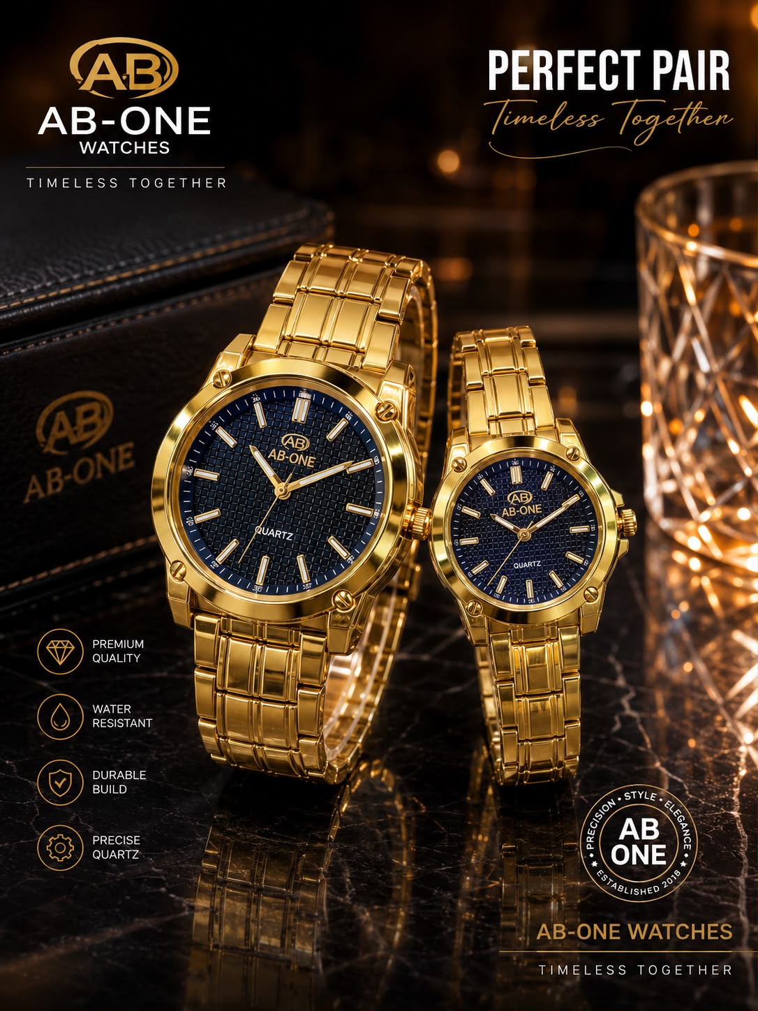 AB-ONE Premium Couple Quartz Watch Set – Stainless Steel & Water Resistant