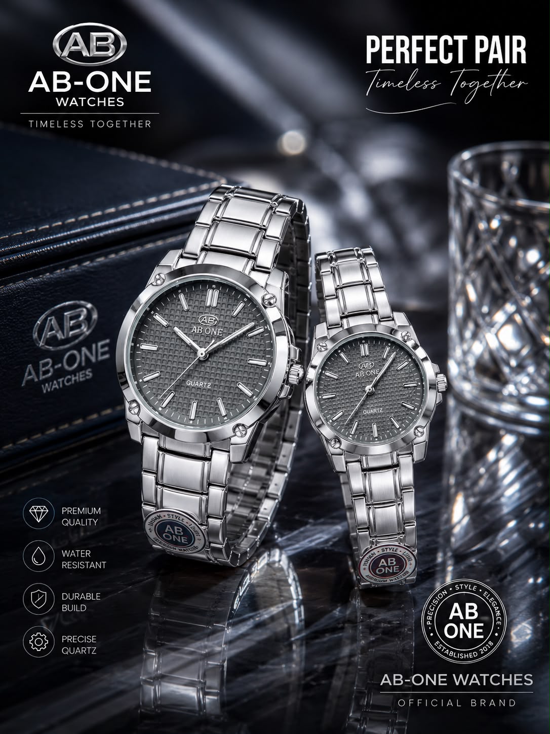AB-ONE Premium Couple Quartz Watch Set – Stainless Steel & Water Resistant