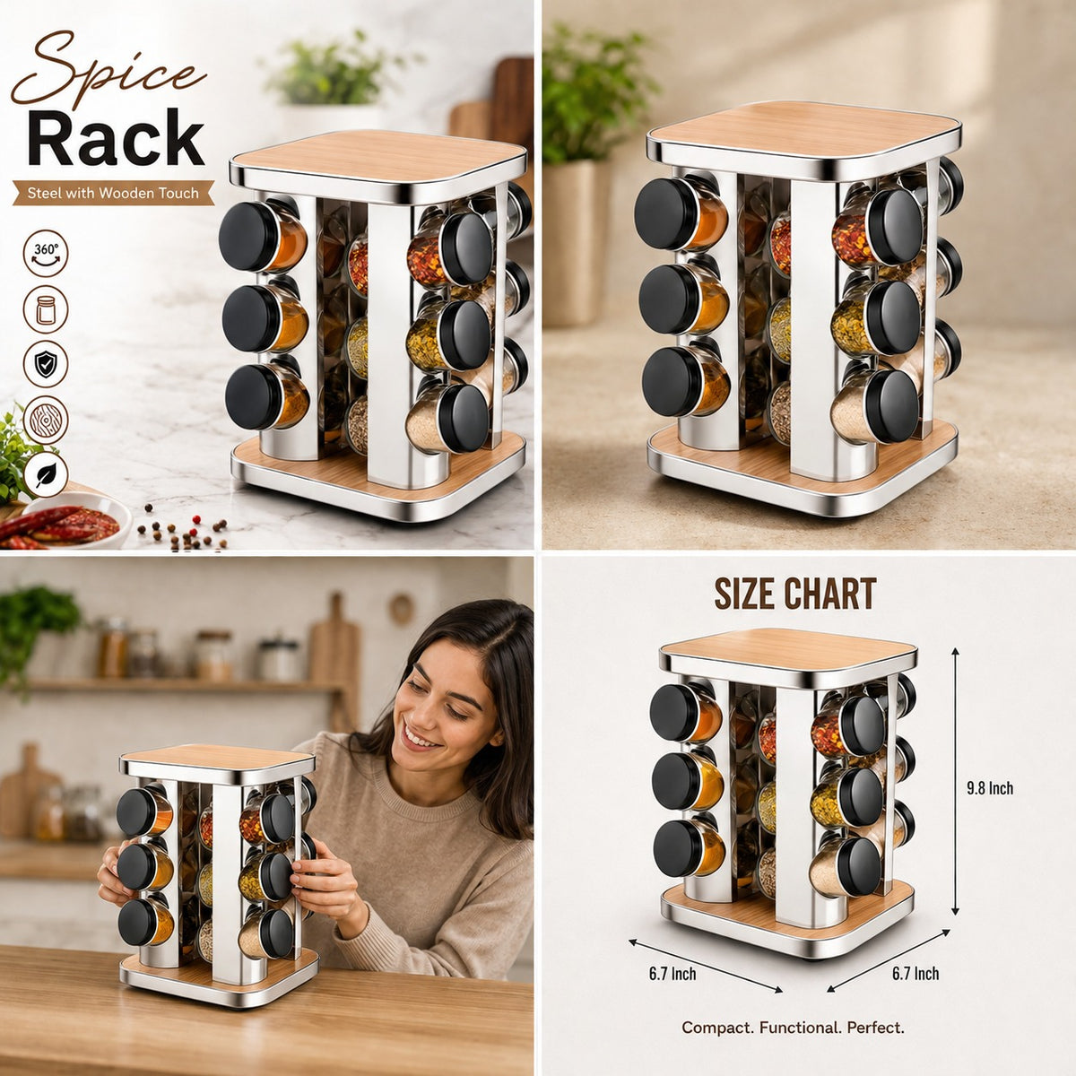 Wooden Stainless Steel Revolving Spice Rack