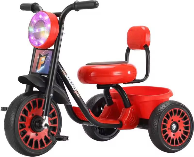 Kids Sport Tricycle with LED Headlight & Rear Storage Basket | Three Wheel Pedal Ride-On Bike