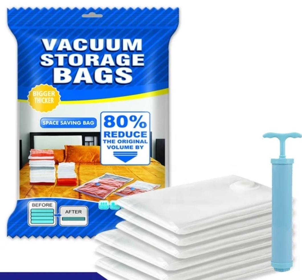 Reusable Vacuum Storage Bags Set (7 Pack with Hand Suction Pump) – Space Saving Airtight Compression Bags for Clothes, Blankets & Bedding