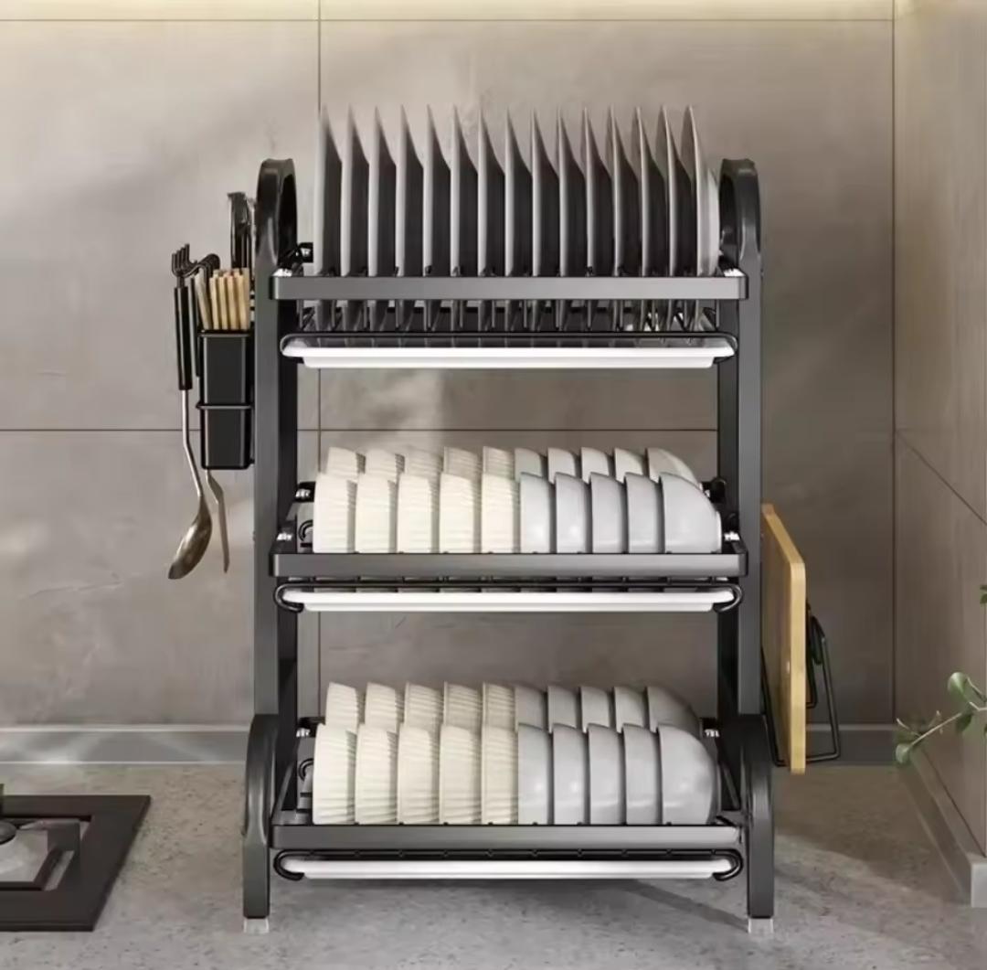 3-Tier Stainless Steel Kitchen Dish Drying Rack with Cutlery Holder & Drip Tray