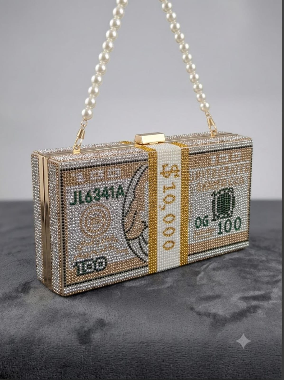 Luxury Crystal Dollar Bill Clutch Bag with Pearl Handle Strap – Sparkling Money Evening Purse