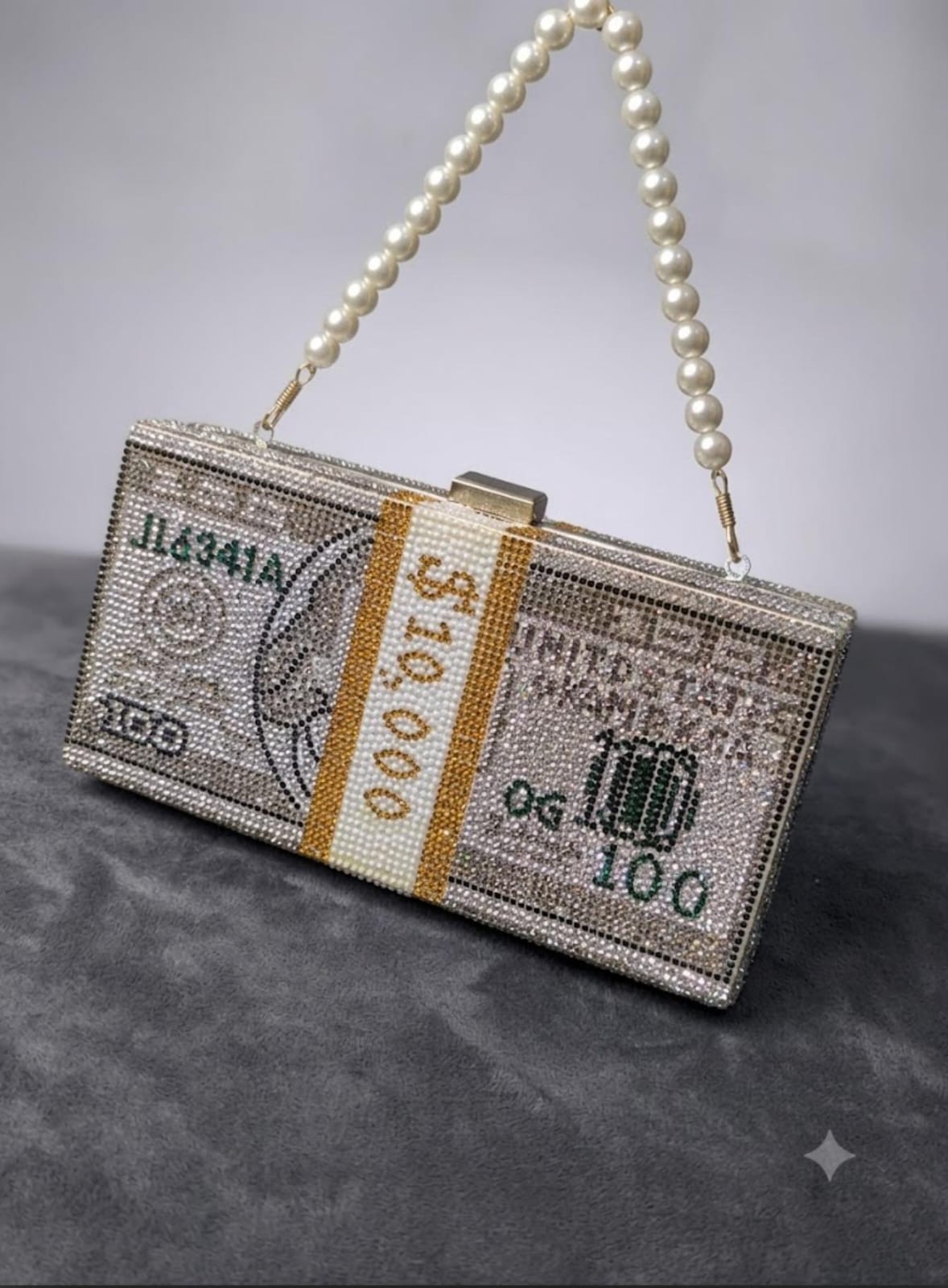 Luxury Crystal Dollar Bill Clutch Bag with Pearl Handle Strap – Sparkling Money Evening Purse