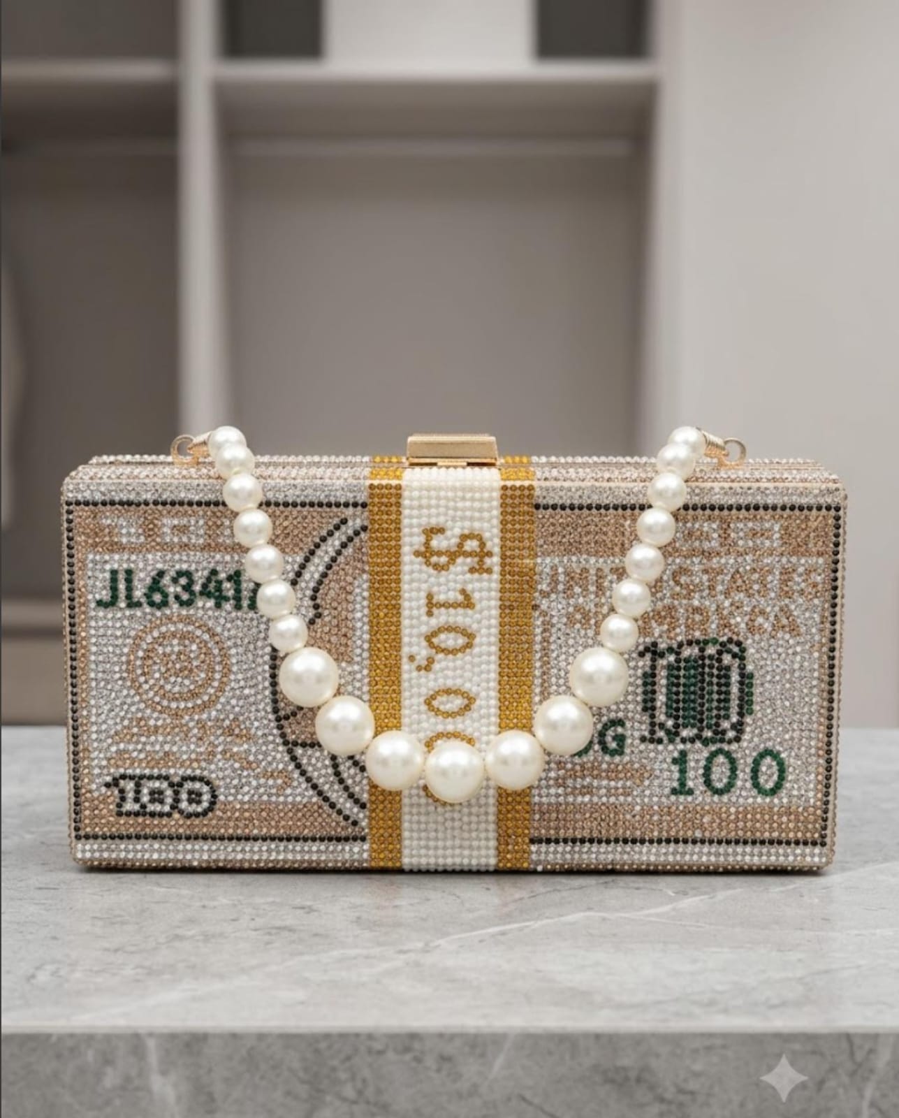 Luxury Crystal Dollar Bill Clutch Bag with Pearl Handle Strap – Sparkling Money Evening Purse