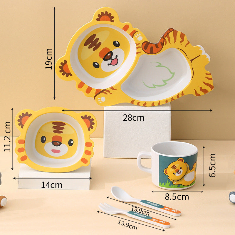 5-Piece Cute Cartoon Tiger Children’s Dinnerware Set – Divided Plate, Bowl, Cup, Spoon & Fork for Toddlers