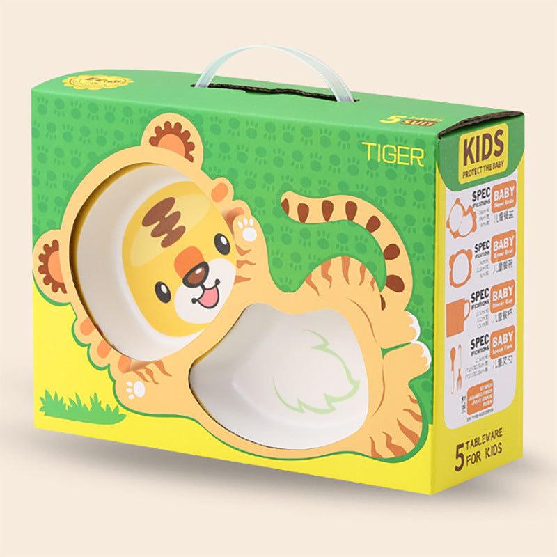5-Piece Cute Cartoon Tiger Children’s Dinnerware Set – Divided Plate, Bowl, Cup, Spoon & Fork for Toddlers