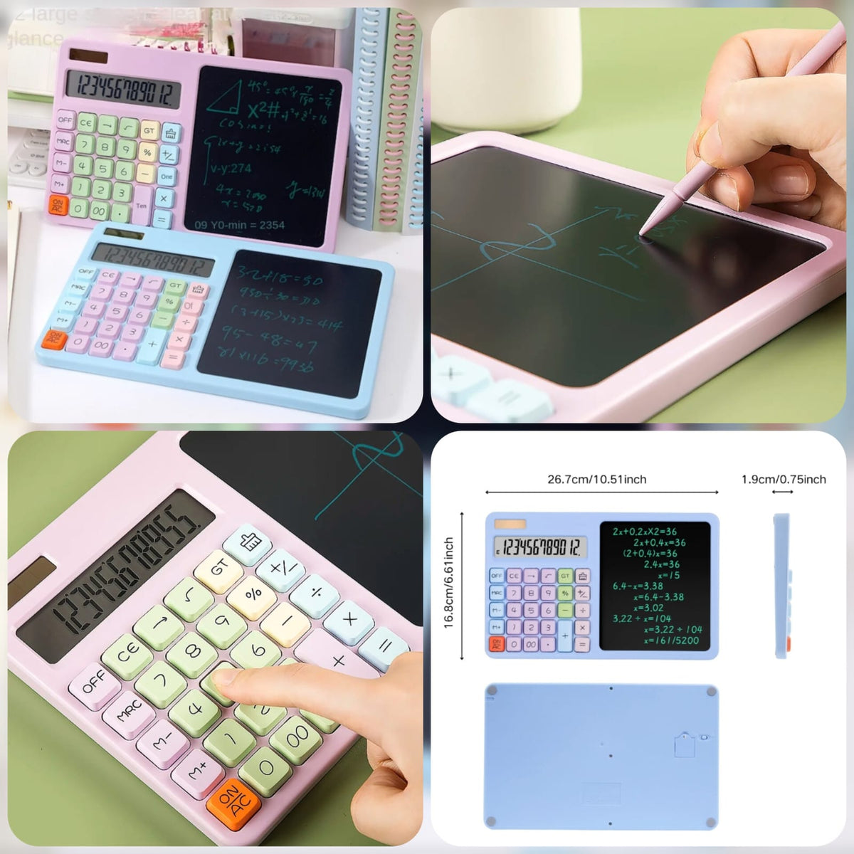 Calculator With Writing Tablet , Portable 12 Digit LCD Large Display