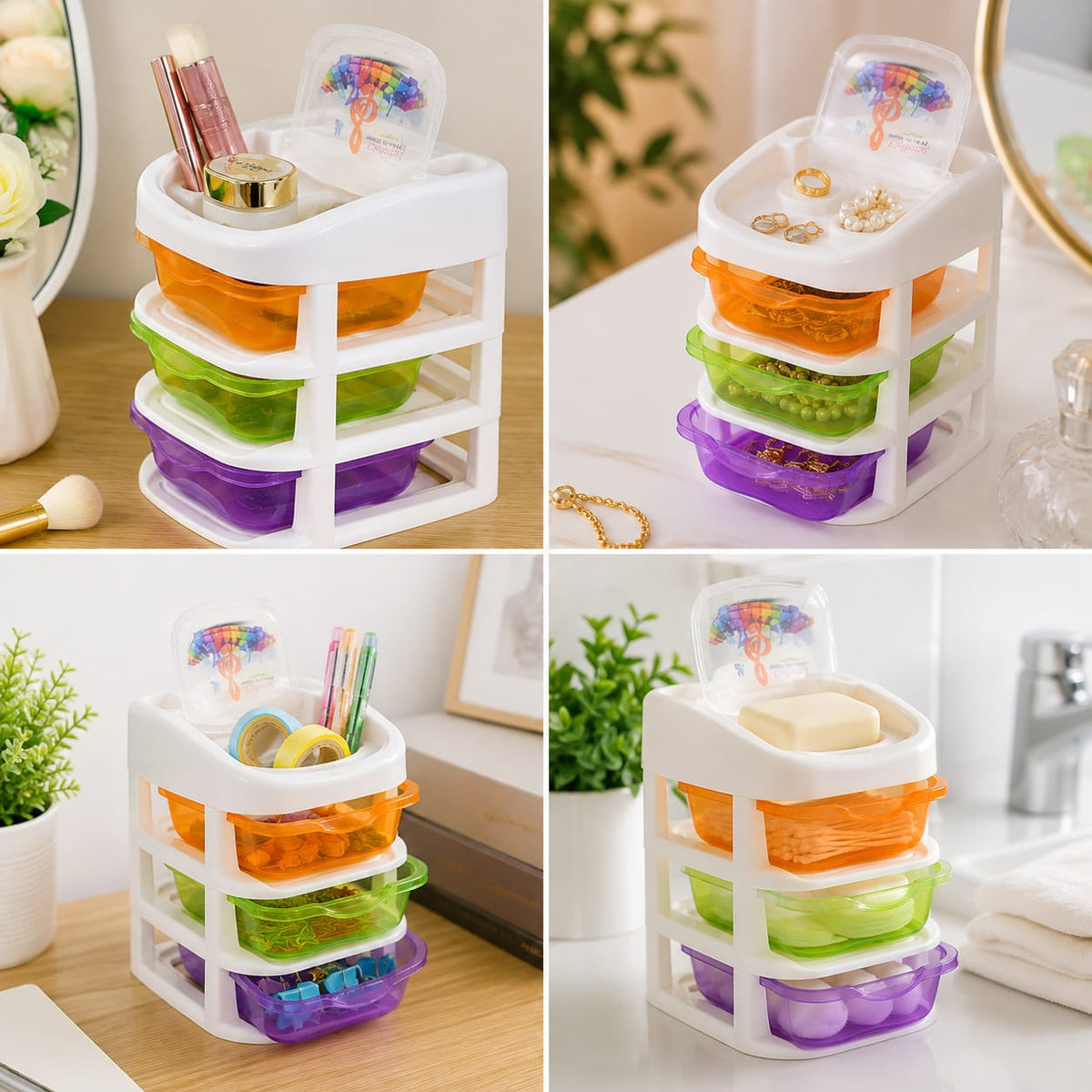 3 Drawer Multi-Compartment Rainbow Draw Organizer For Makeup, Cosmetic, Jewellery