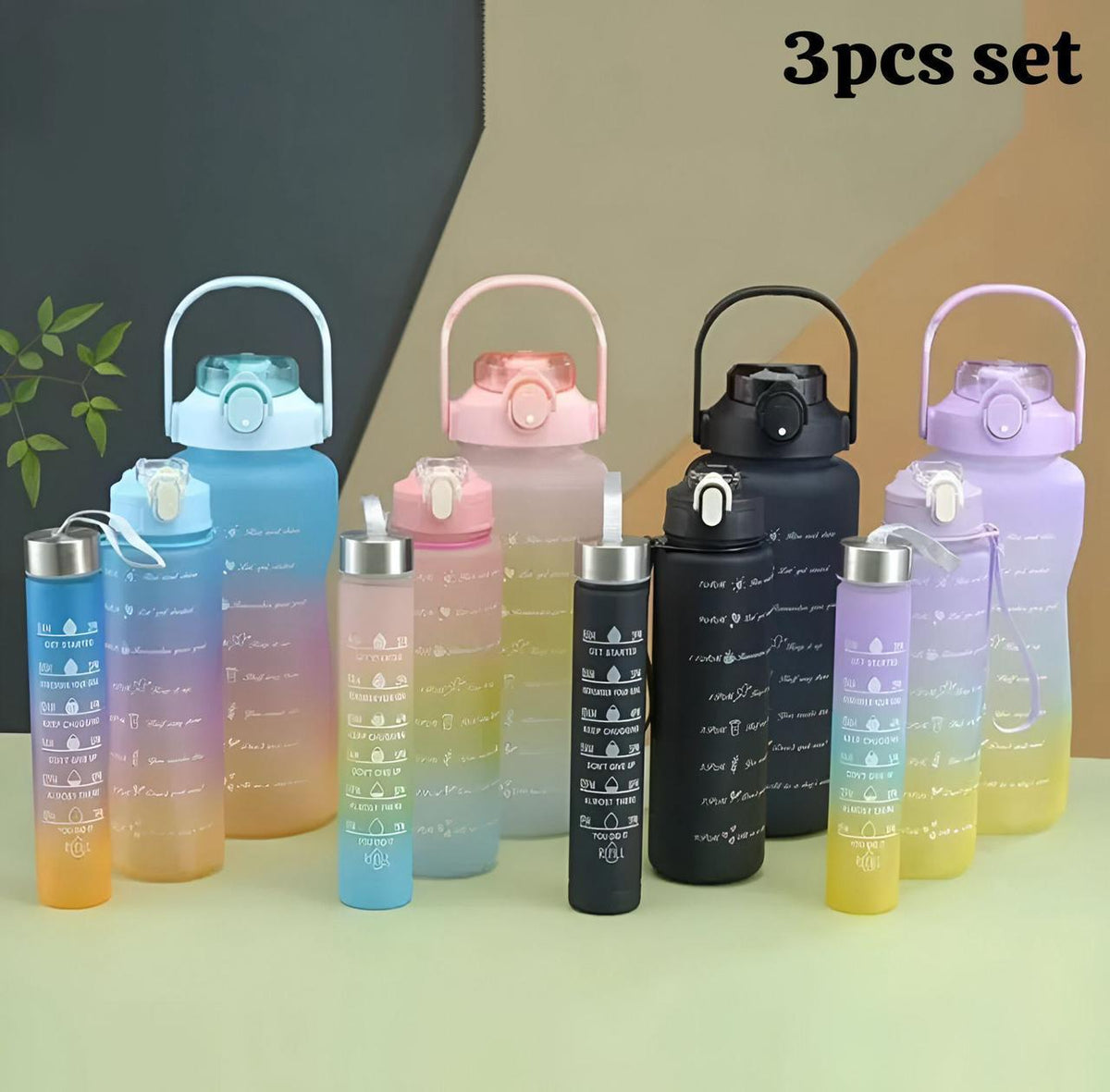 3-Piece Water Bottle Set with Straw - BPA-Free, Leak-Proof, Motivational Design - 2000ml, 700ml, 270ml Water Bottles for Gym, Work, School, and Outdoor Adventures |