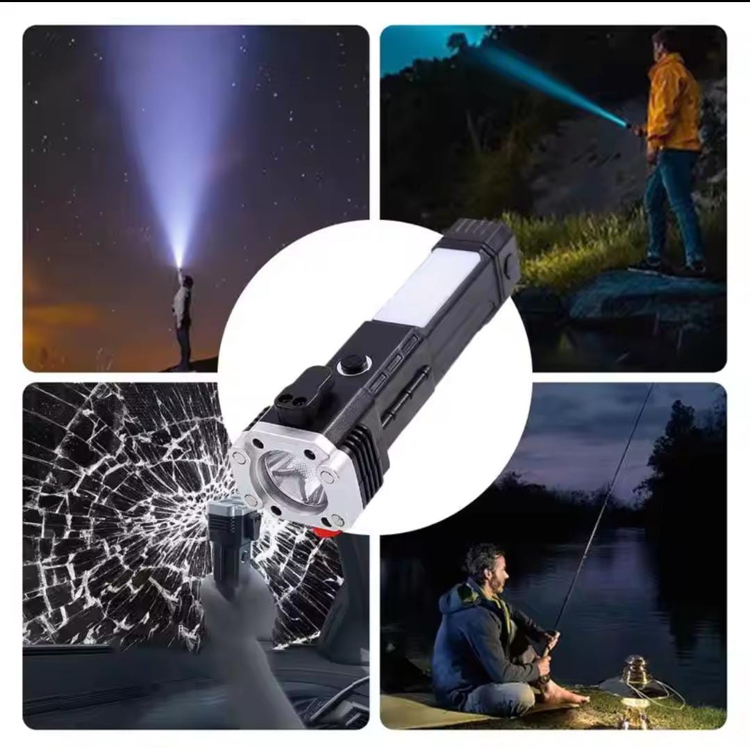 Rechargeable Led Flashlight with Window Breaker and power bank