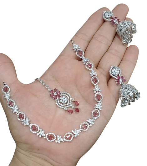 AD ZIRCON JHUMKI SET SILVER POLISH D-2