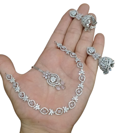 AD ZIRCON JHUMKI SET SILVER POLISH D-1