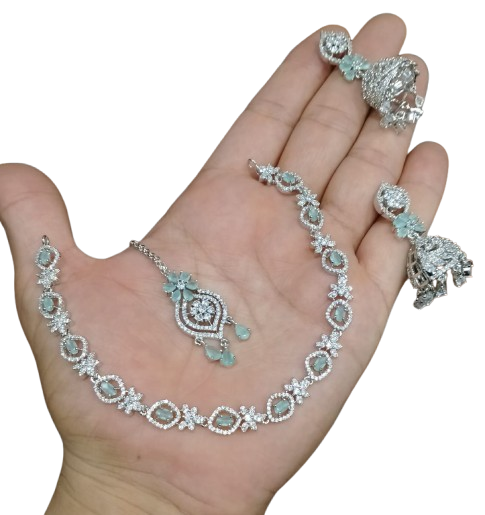 AD ZIRCON JHUMKI SET SILVER POLISH D-5