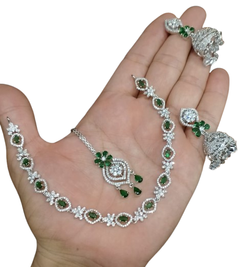 AD ZIRCON JHUMKI SET SILVER POLISH D-3