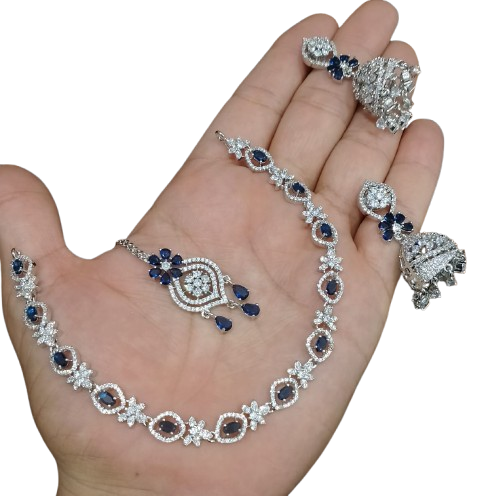 AD ZIRCON JHUMKI SET SILVER POLISH D-4