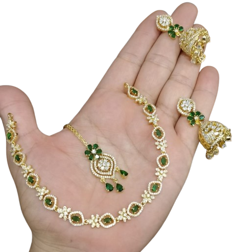 AD ZIRCON JHUMKI SET GOLDEN POLISH D-1