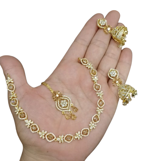 AD ZIRCON JHUMKI SET GOLDEN POLISH D-2